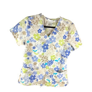 Vintage S B Scrub Top Women's Size Small Blue Tan White Floral Toe Back...